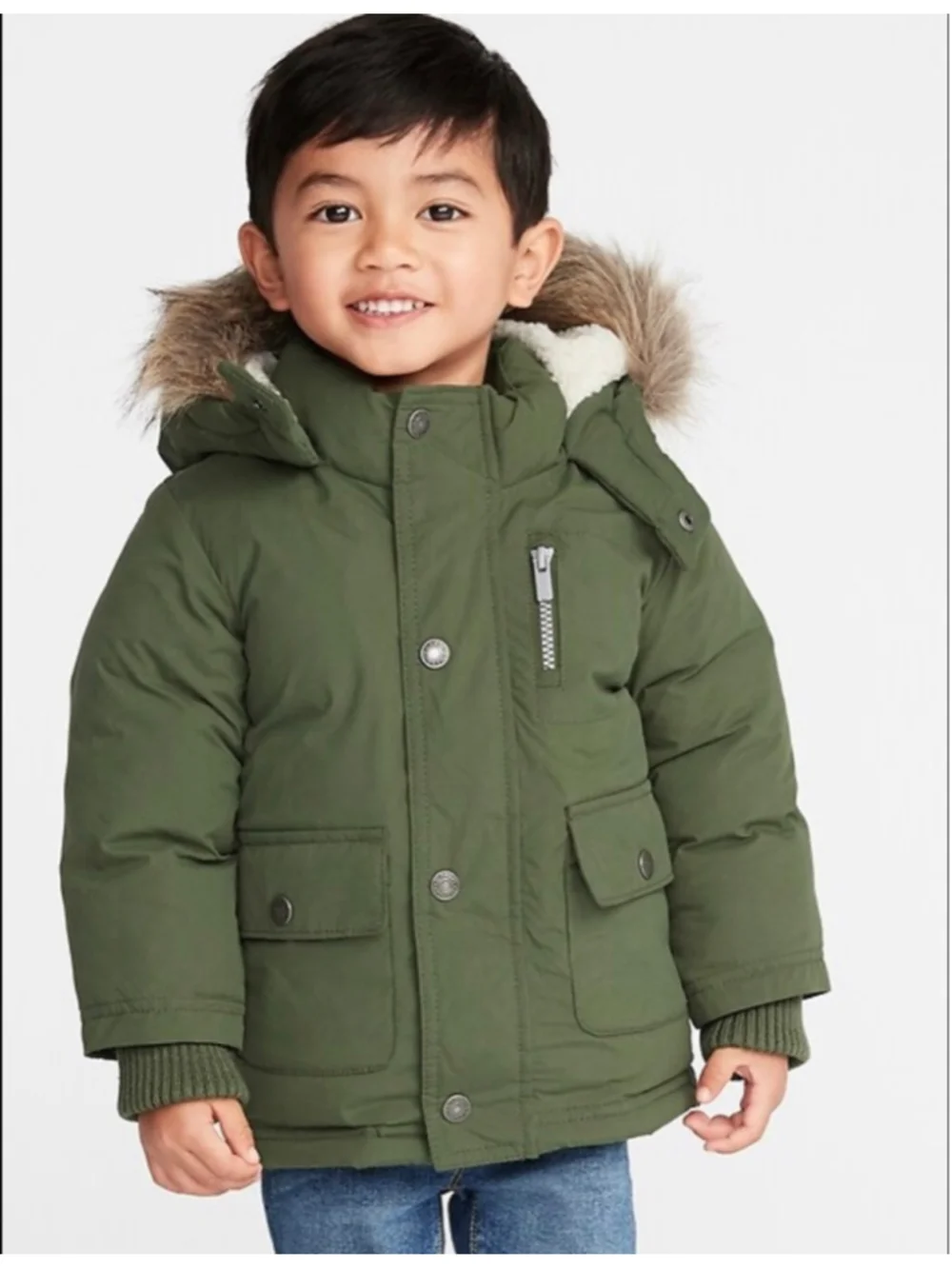 Boys Old Navy Water Resistant Hooded Snow Puffer Jacket 2T Green Faux Fur UNISEX - Picture 1 of 10